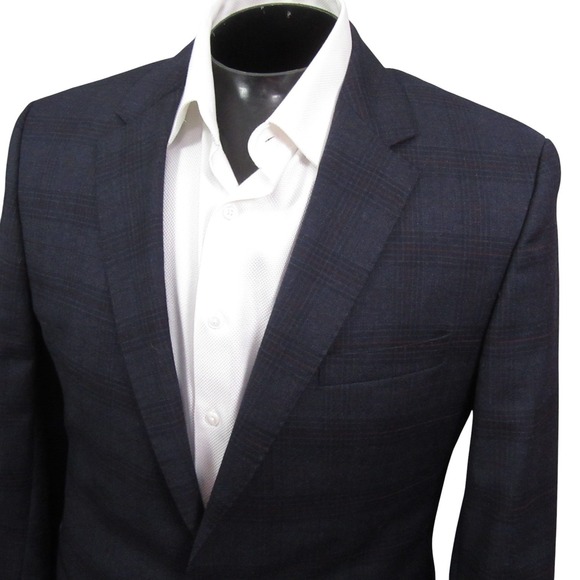 Hugo Boss Sport Coat 42L Navy Blue Windowpane Check Wool Double Vent